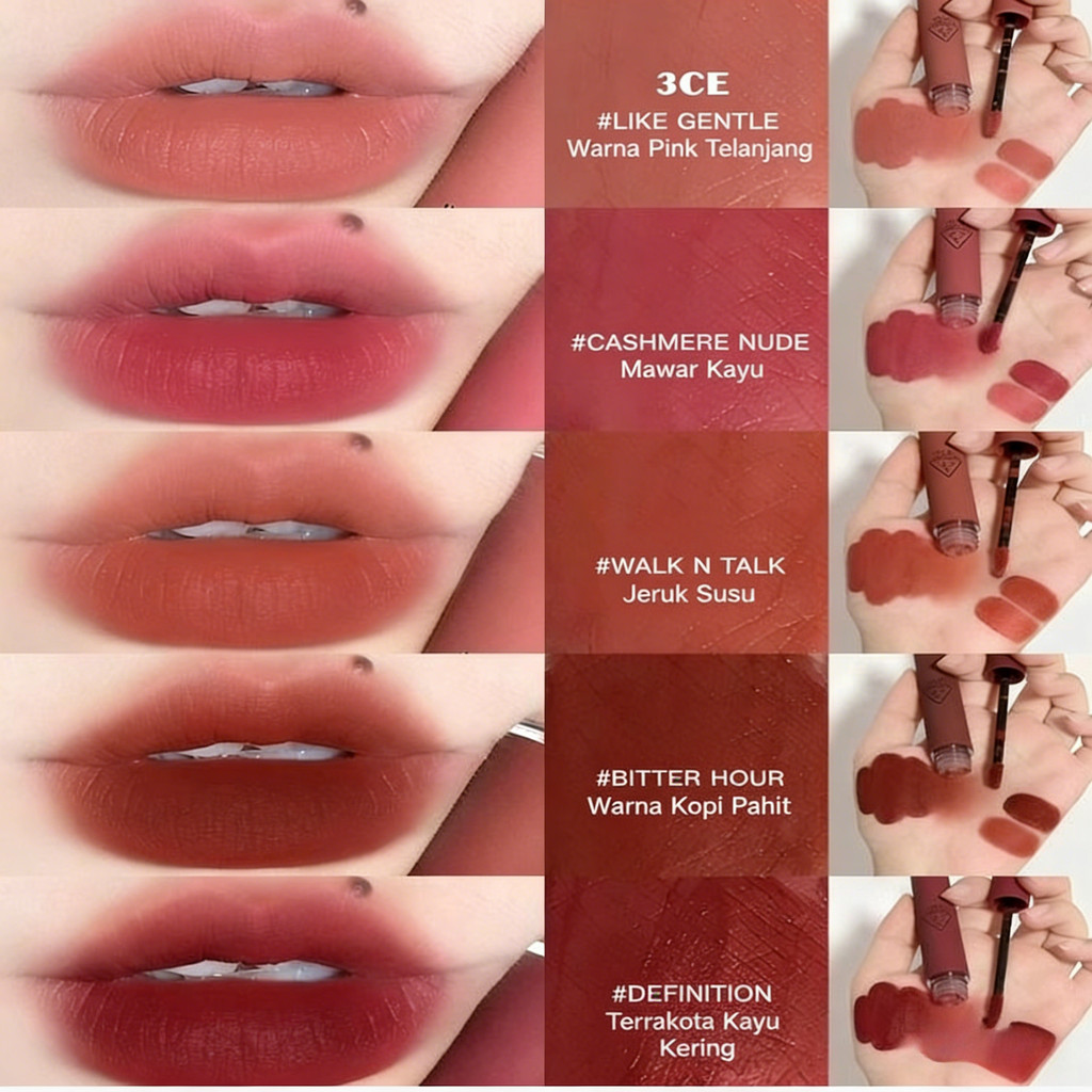 3CE lip glaze water mist bibir embun matte oolong tea bean paste warna beludru senja lipstik bata me