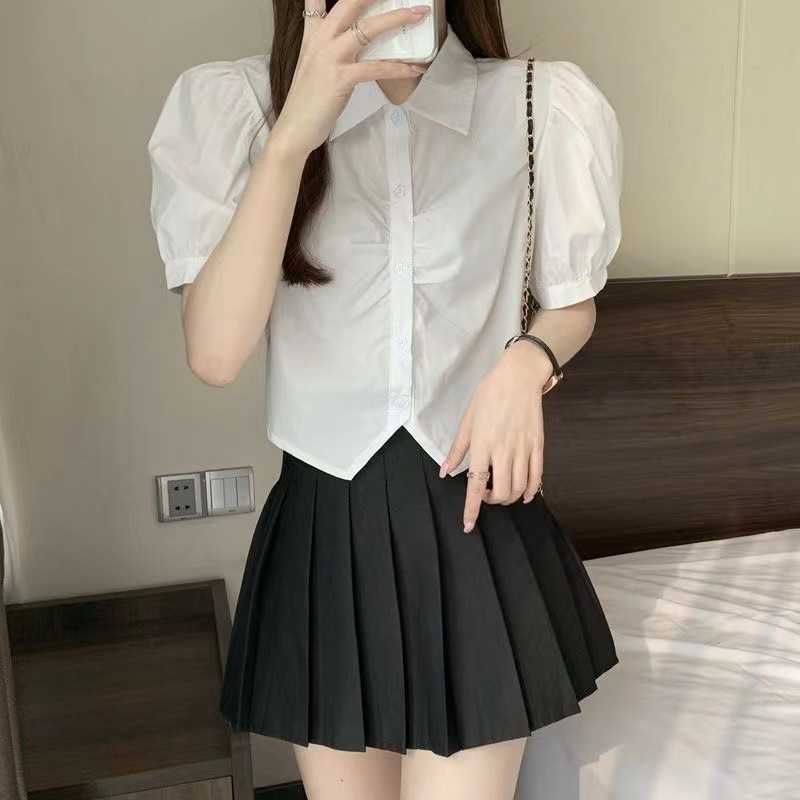 Kemeja Lengan Pendek Putih Desain Unik Baru Rasa Niche Blus Lengan Puff Pendek Tidak Teratur