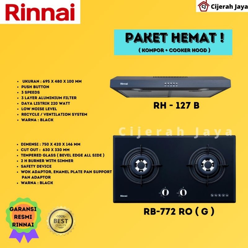 RINNAI PAKET KOMPOR GAS TANAM 2 TUNGKU RB 772RO(G) + COOKER HOOD RH 127B