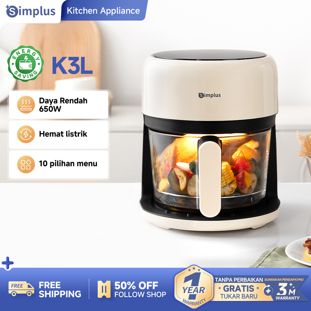 Simplus Air Fryer Low Watt 650W 3,5L Digital Touch Screen Panoramic Glass 360 View Cocok untuk Kamar