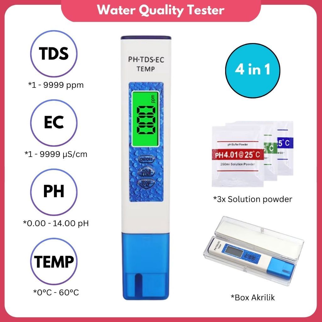 Alat Ukur Kualitas Air 4 in 1 Water Quality Mater PH Meter Pengukur TDS Air Minum Suhu dan Akurasi T