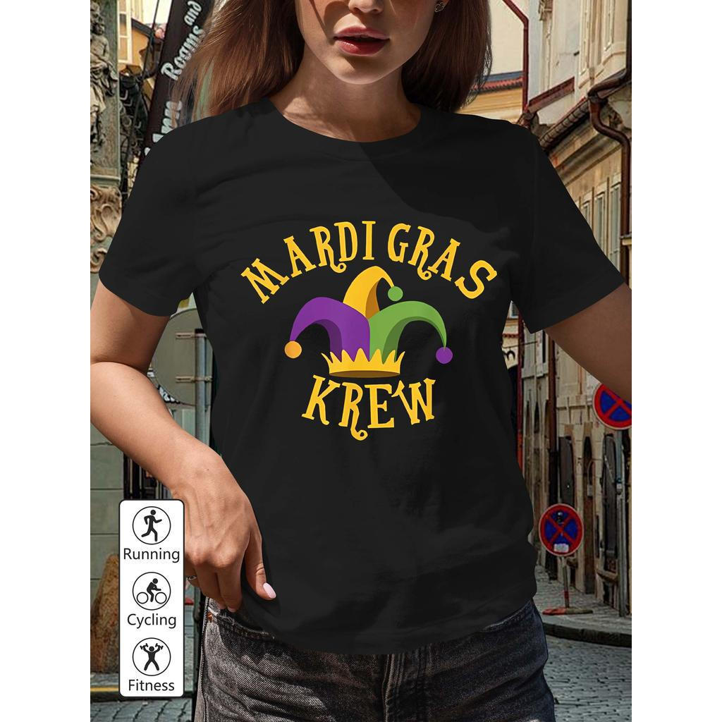 Kaos Karnaval Mardi Gras Pria & Wanita - Desain Topi Jester "MARDI GRAS KREW" dengan Warna Ungu/Hija