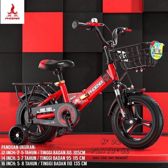 Sepeda Anak Lipat PHOENIX 12, 14 & 16 Inch [READY STOCK] - Merah, 16 Inch