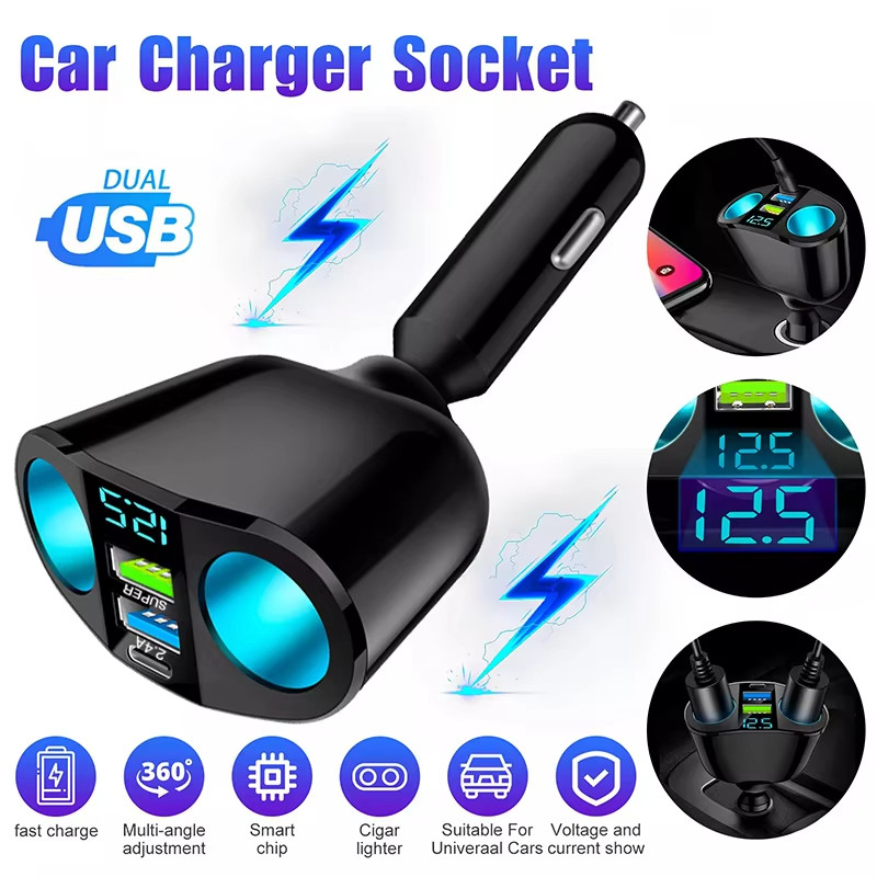 Charger Mobil 2 USB 3.1A + 2 Socket Pemantik with Digital Display Dual-port Car Charger Adapter