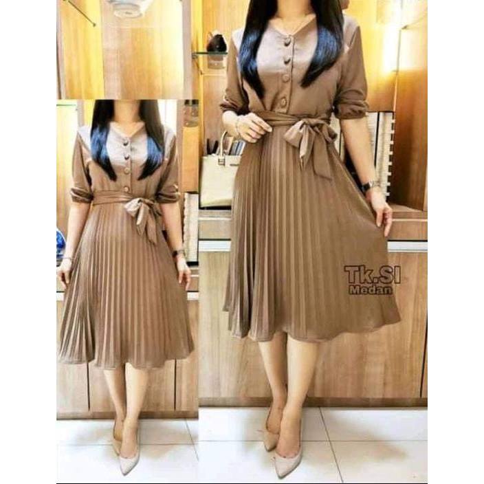 (MURAH) Dress Midi Wanita Terbaru / Dress Plisket Cotton Premium Combi / Dress Korea