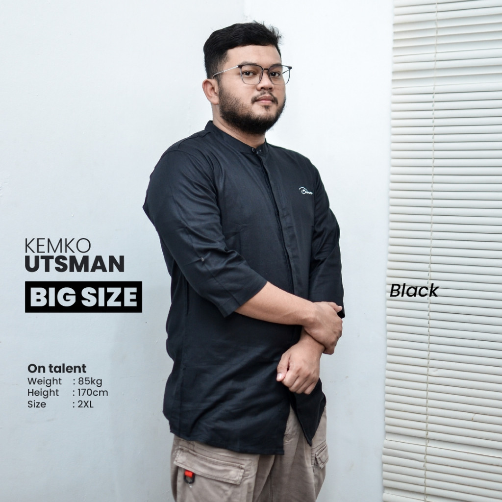 Baju Koko Jumbo Big Size XXL 3XL 4XL 5XL Katun Linen Lengan 3/4 Utsman Hitam Black Bhirama