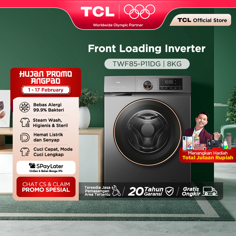 TCL Mesin Cuci Front Loading Inverter P11 8 KG - EBS Steam Wash - Quick Wash 15' - Smart DD Inverter