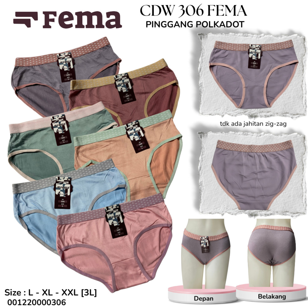 FEMA Official Shop 3 pcs CD Wanita 306 Polkadot Warna Kalem Bahan Nylon Spandex