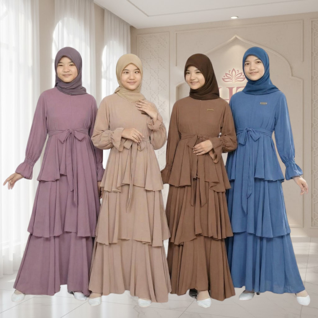 Abaya  Anak Perempuan Remaja Tanggung Susun 3 Long Dress Muslim Abaya Pesta Lebaran Anak