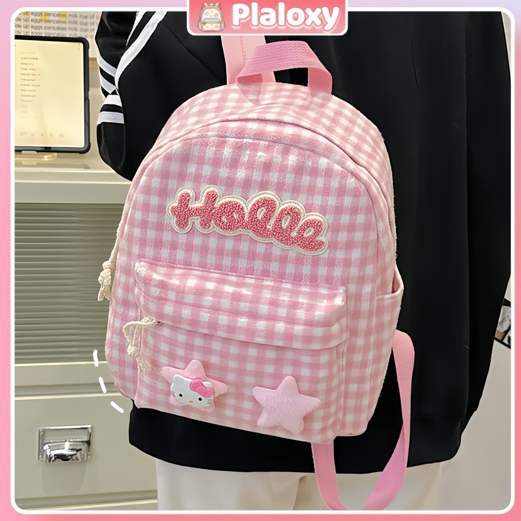 [COD] Tas Sekolah Wanita Pink/Ransel Huruf Kotak-kotak Bergaya/Korea Style Aesthetic Backpack/Jepang