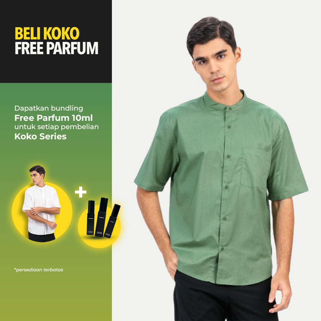 KEKERUN Erigo Shanghai Short Sleeve Basic Farhan Sage Green - Kemeja Koko Lengan Pendek Unisex