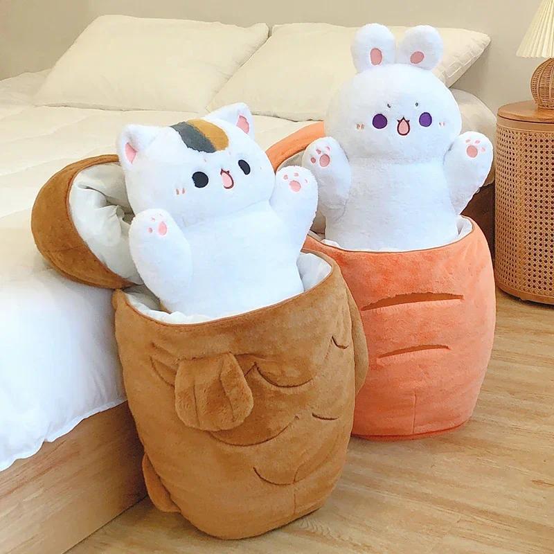 Kawaii Taiyaki Cat Plush Toy Rabbit Hiding in Carrot Furry Cartoon Animals Plush Throw Pillow Christ