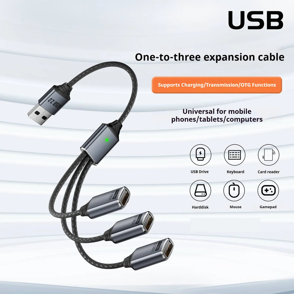 Kabel Splitter USB Type A 3 Cabang 3in1 480Mbps 5V 3A Male To 3 Female Aluminium Nylon Braided Hub C