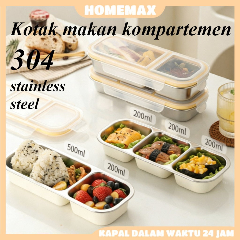 Kotak Makan Stainless Steel 3 Sekat Anti Bocor / Bekal Anak 304 Food Grade / Lunch Box Kompartemen S