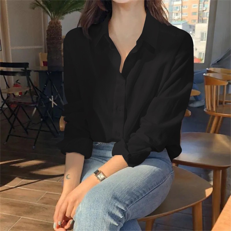 kemeja perempuan blus lengan panjang Kaos putih wanita Kaos putih Kemeja Korean wanita Kemeja Peremp