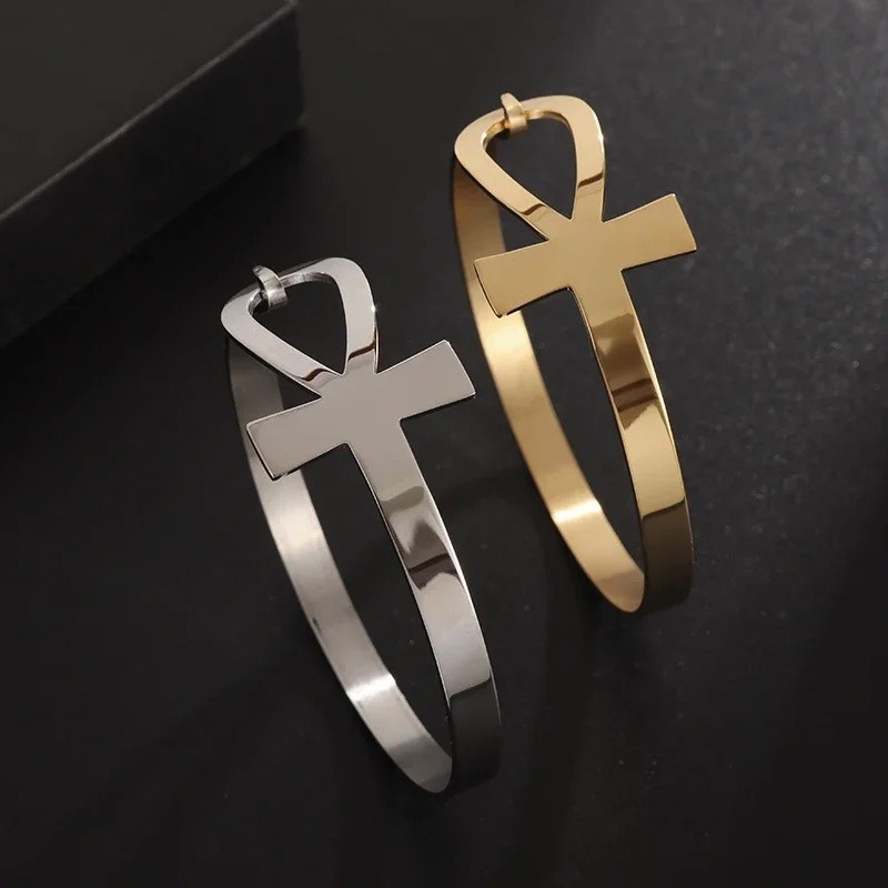 (Pengiriman cepat) Simbol Mesir Ankh Cross Life Cuff Stainless Steel Gelang Perhiasan Amulet Agama P