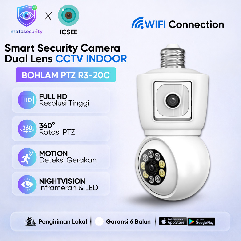 CAMERA CCTV WiFi Bohlam Dual Lensa Night Vision Audio 2 Arah Pantau dari HP Mudah Dipasang Thunderin