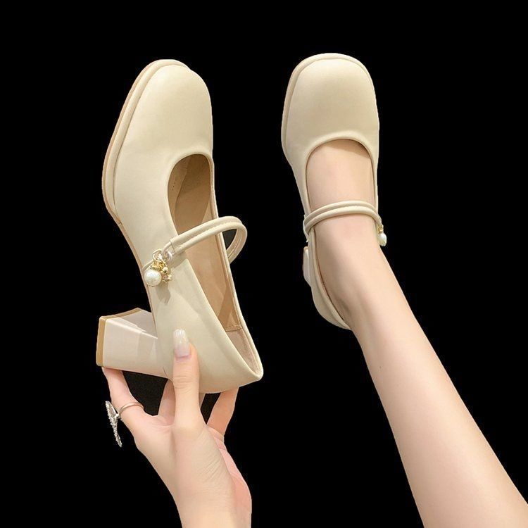 Sepatu Hak Tinggi Wanita Model Mary Jane Prancis Serbaguna dengan Hak Tebal