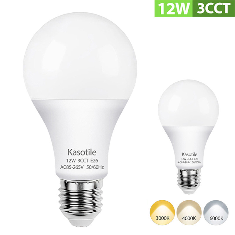 Lampu LED Kasotile E26 12W AC 85-265V 3000K 4000K 6000K 3CCT LED A60 untuk Kamar Tidur, Ruang Tamu, 