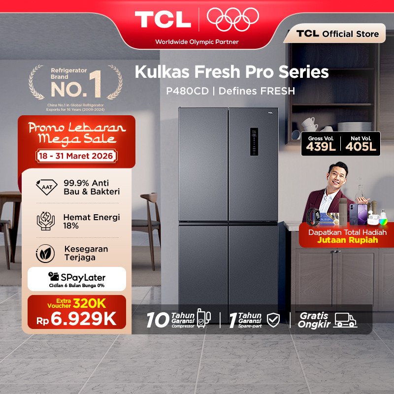 TCL Kulkas 4 Pintu - Kapasitas 439L - Big Capacity - Twin Eco Inverter - AAT Gen 2 Natural Eco Fresh
