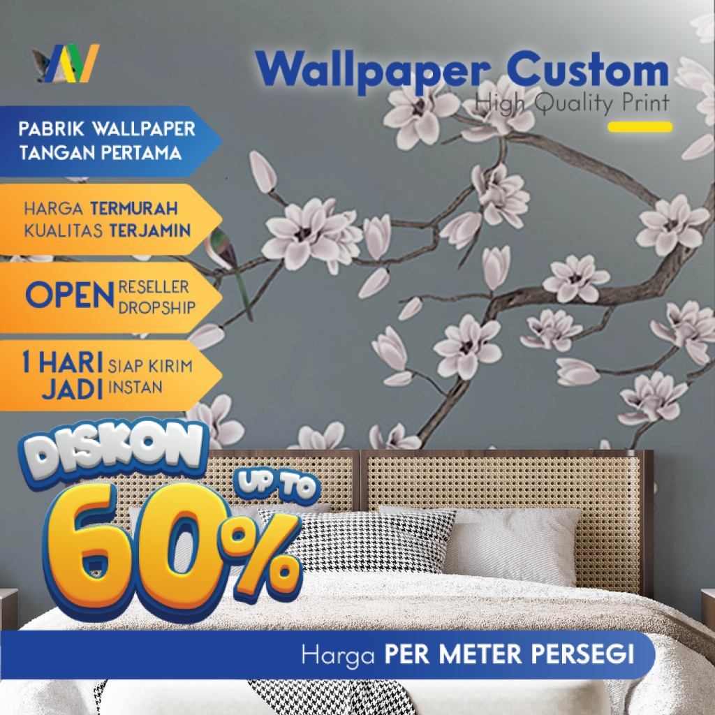 Wallpaper Dinding Custom Ruang Makan Motif Chinoiserie Bunga & Burung | Wallpaper Elegan HD Premium,