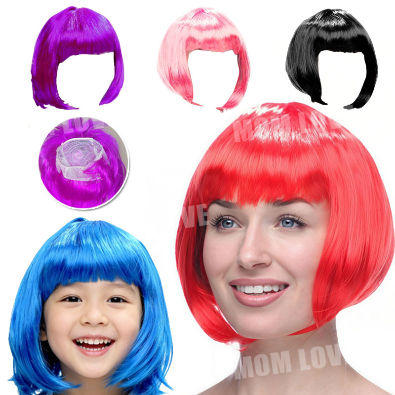 Rambut Palsu Potongan Bob Warna-warni Rambut Palsu Anak & Dewasa Wig Straight Bangs Wig Wig Cosplay 
