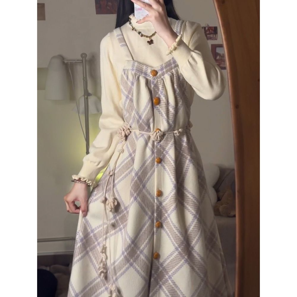 MYCASSI Setelan Wanita Vintage Plaid Korea One Set Dress Suspender / Sweater Rajut