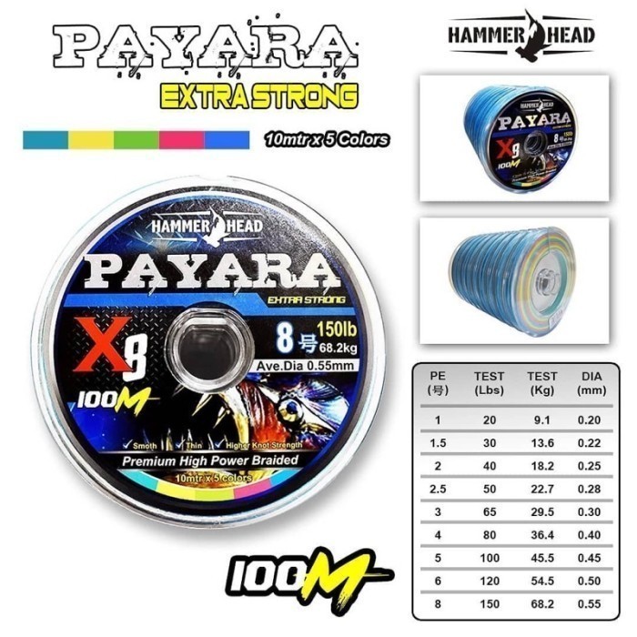 Senar Pe HAMMERHEAD Payara x8 Multi Color 100m - Pe 1.0 - 8.0 / 20lb - 150lb - Pe 5.0