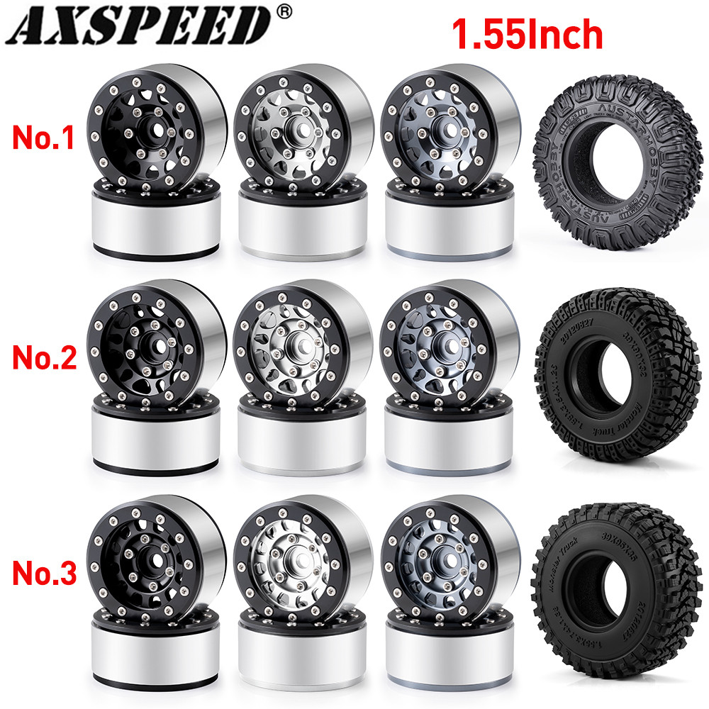 AXSPEED 4Pcs 1.55" Beadlock Wheel Rim Wheel Hub Tires for 1/10 1/18 Axial AX90069 UTB18 CAPRA MST JI