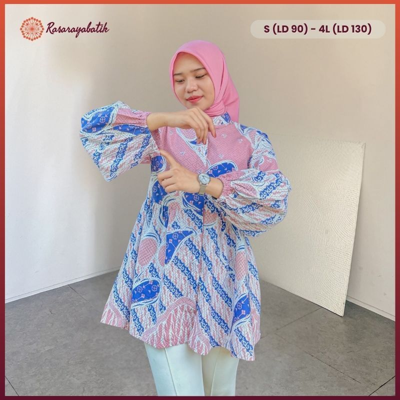 BUPESHOP RASARAYA BATIK Ollan Blouse Wanita Katun - Atasan Batik Pink Biru Pastel Busui Lengan Panja