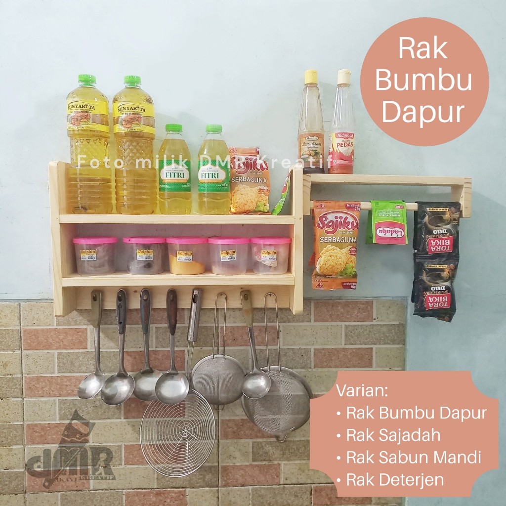 Rak Dinding Kayu Tempat Bumbu Alat Dapur Sajadah Mukena Al Quran Sabun Mandi Sikat Gigi Toilet
