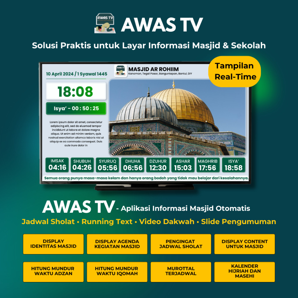 Awas TV Software Aplikasi Waktu Shalat TV Masjid Digital Jam Waktu Shalat