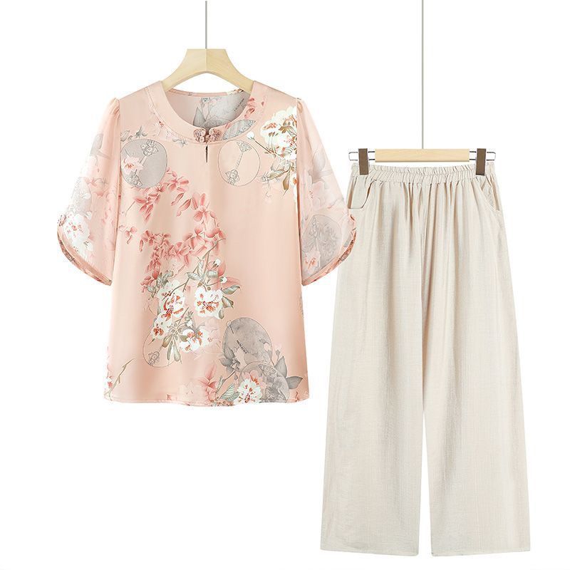 Setelan Musim Panas Nenek Bahan Chiffon Tipis Atasan dan Celana Wanita Lansia