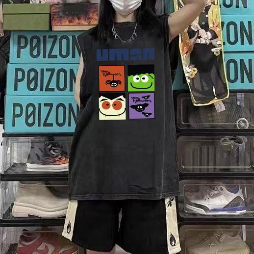 Kaos tanpa lengan bergaya Korea dengan efek usang dan pudar, unisex, cocok untuk musim semi dan gugu