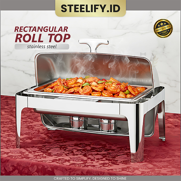 STEELIFY Roll Top 9L Kombinasi Kaca Chafer Chafing Dish Stainless Wadah Saji Prasmanan