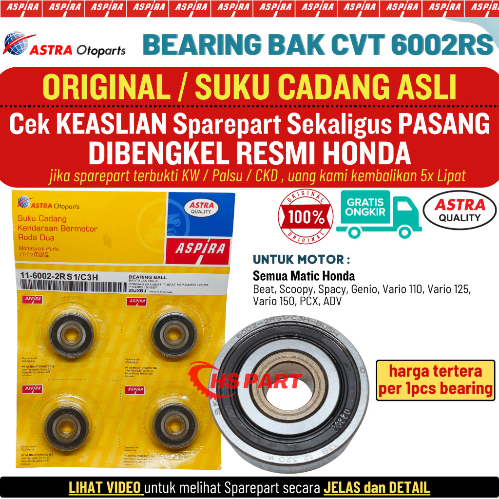 Laher Bearing 6002 RS Bak CVT Beat Fi Original Beat Karbu Beat Street , Bearing Bak CVT Scoopy Fi , 