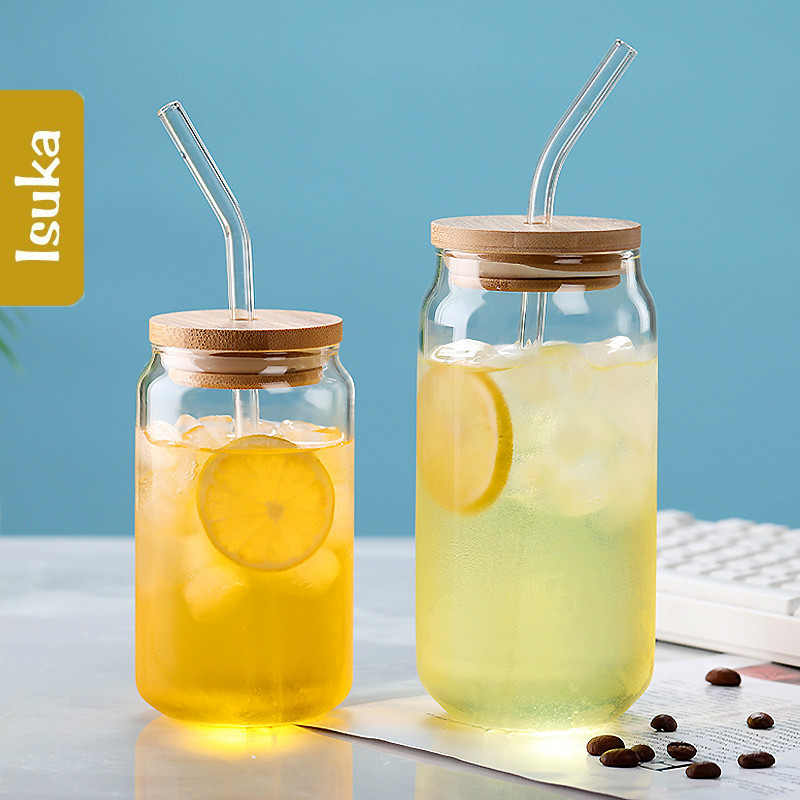 Gelas Kaca Estetik Gelas Kaca Gelas Mug Gelas Kaca Tutup Kayu Gelas Kaca Kopi Susu Teh Matcha Unik S