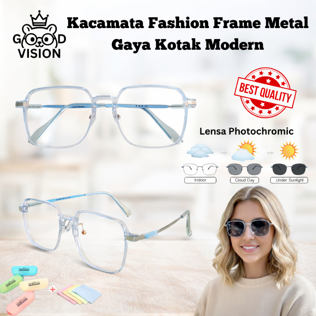 Kacamata Fashion Kotak Modern Blue ZY2055 – Frame Metal Plastik | COD