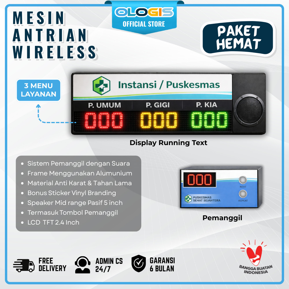 OLOGIS Tombol Mesin Nomor Tiket Antrian Puskesmas Klinik 3 Loket Layanan Sistem Wireless Display LED