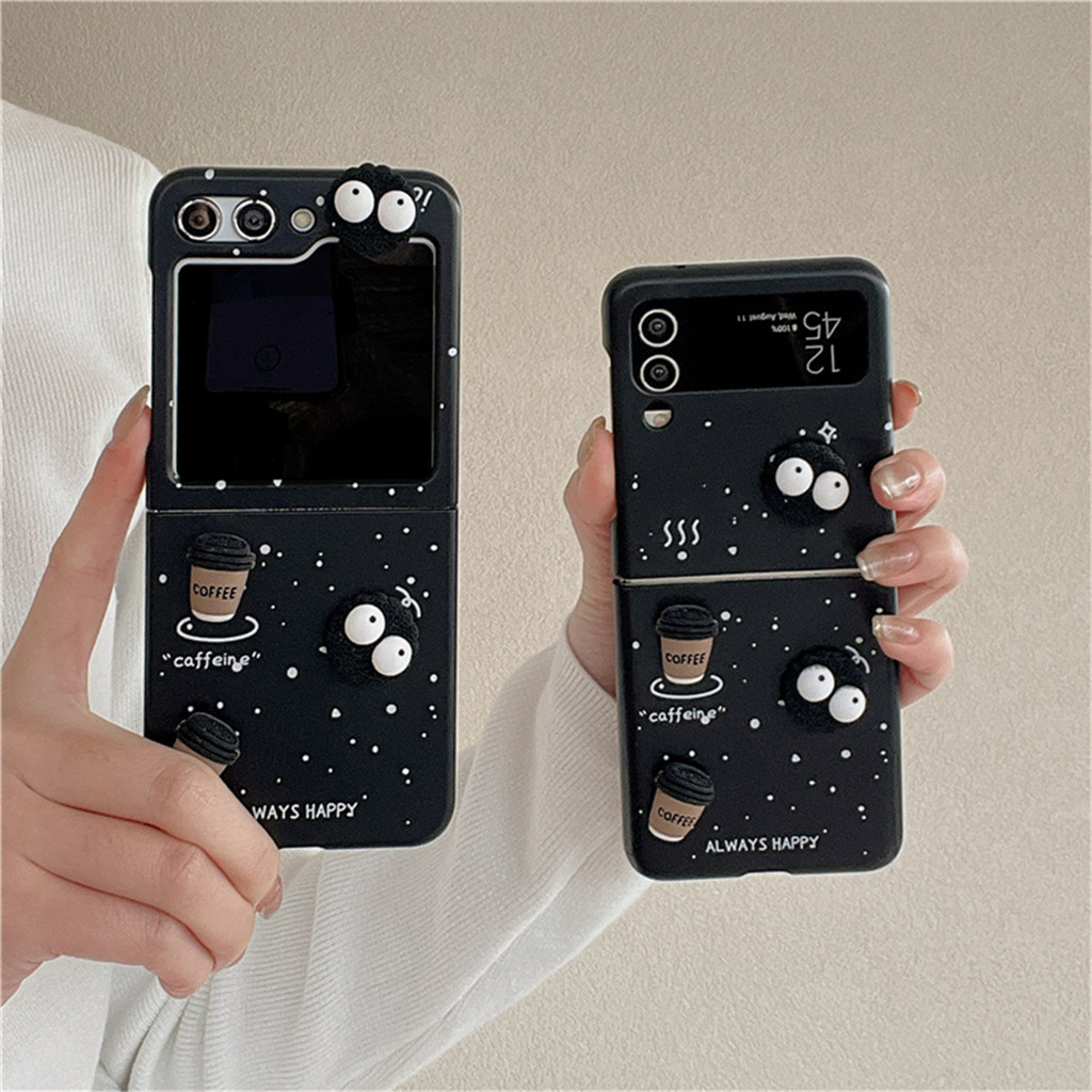 Cute Korea Mewah Hitam 3D Batubara Bola Elf Kopi Anti Hitam Phone Case untuk Samsung Galaxy Z Flip 3