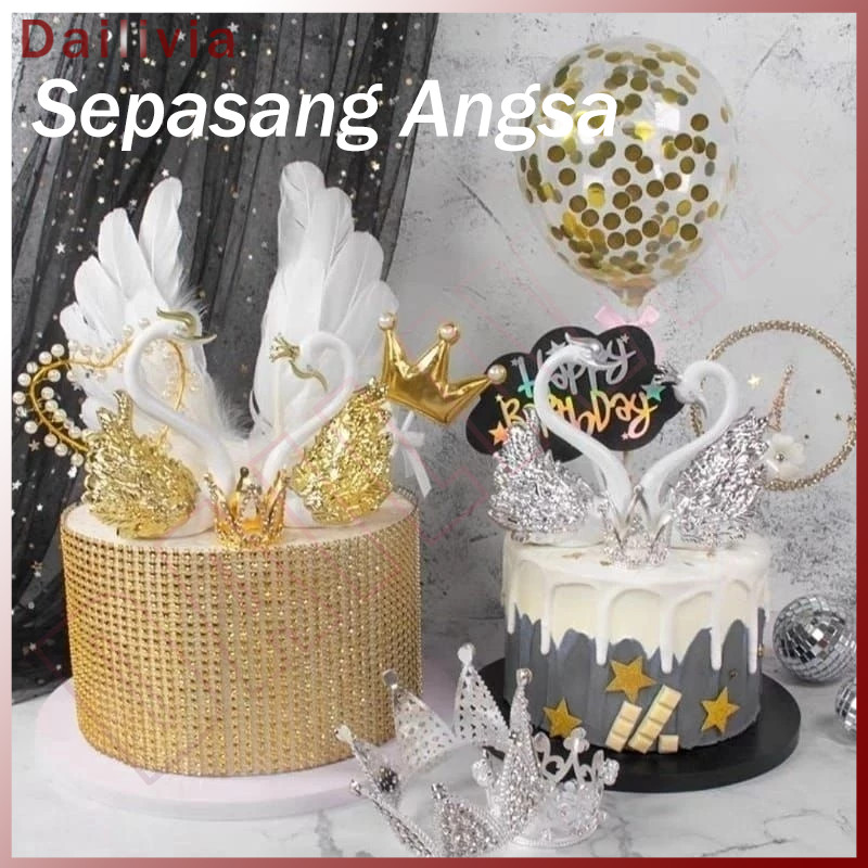 DL - 1 Pasang Hiasan Kue Cake Topper Mainan Figurin Patung Angsa PLASTIK Dekorasi Kue Angsa Mahkota 