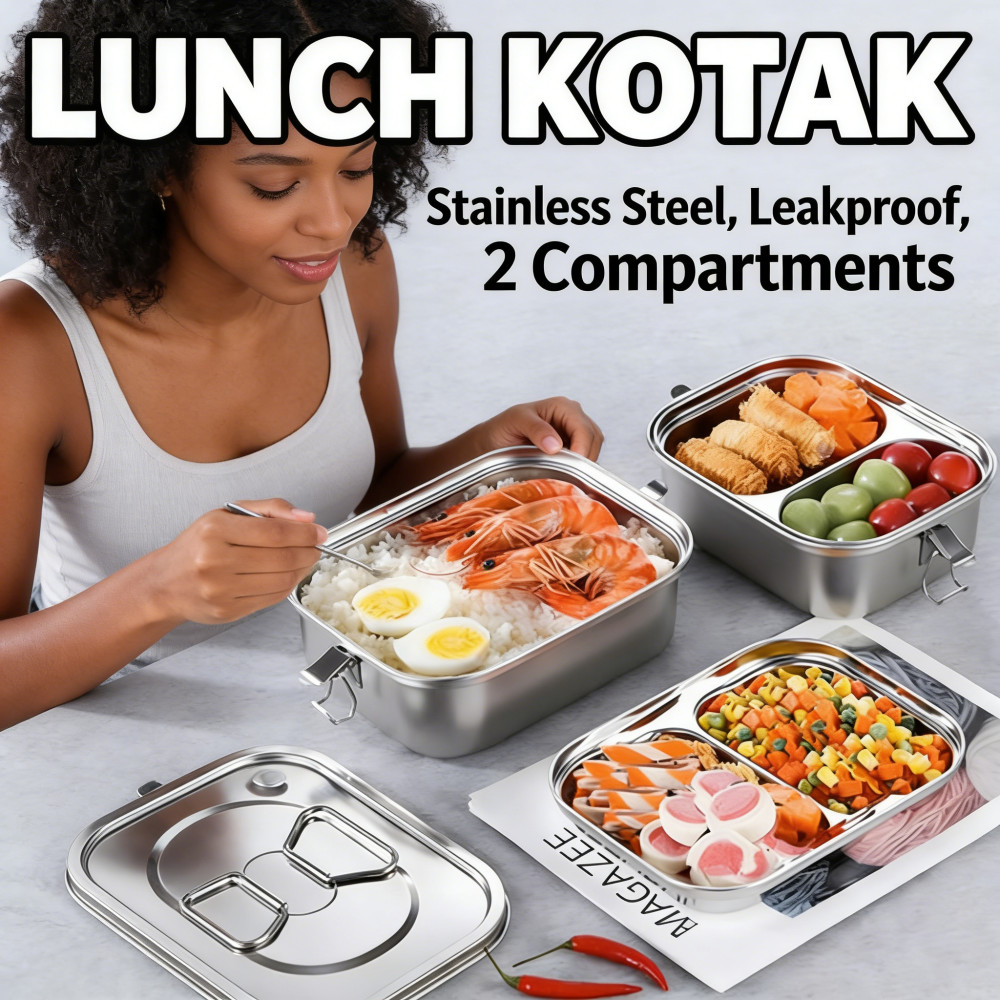 Makan Tempat Kotak Anti Tumpah Sekat Makan Stainless SUS 2 Tingkat Makan Kotak