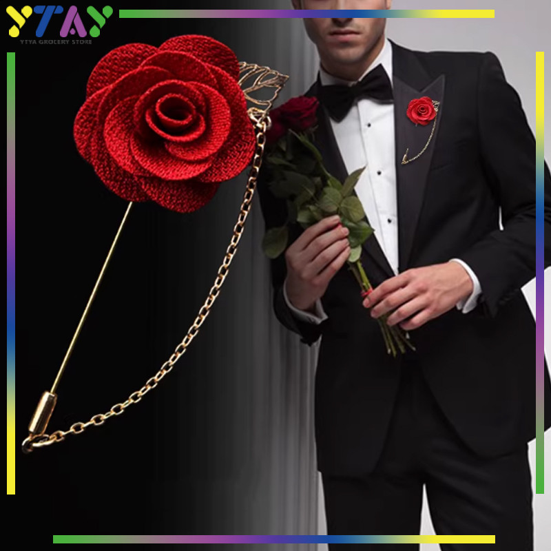 Bros Mawar Kain Panjang dengan Rantai untuk Jas Pria Corsage Bunga Hiasan Tuspin Gaun dan Pin Dada G