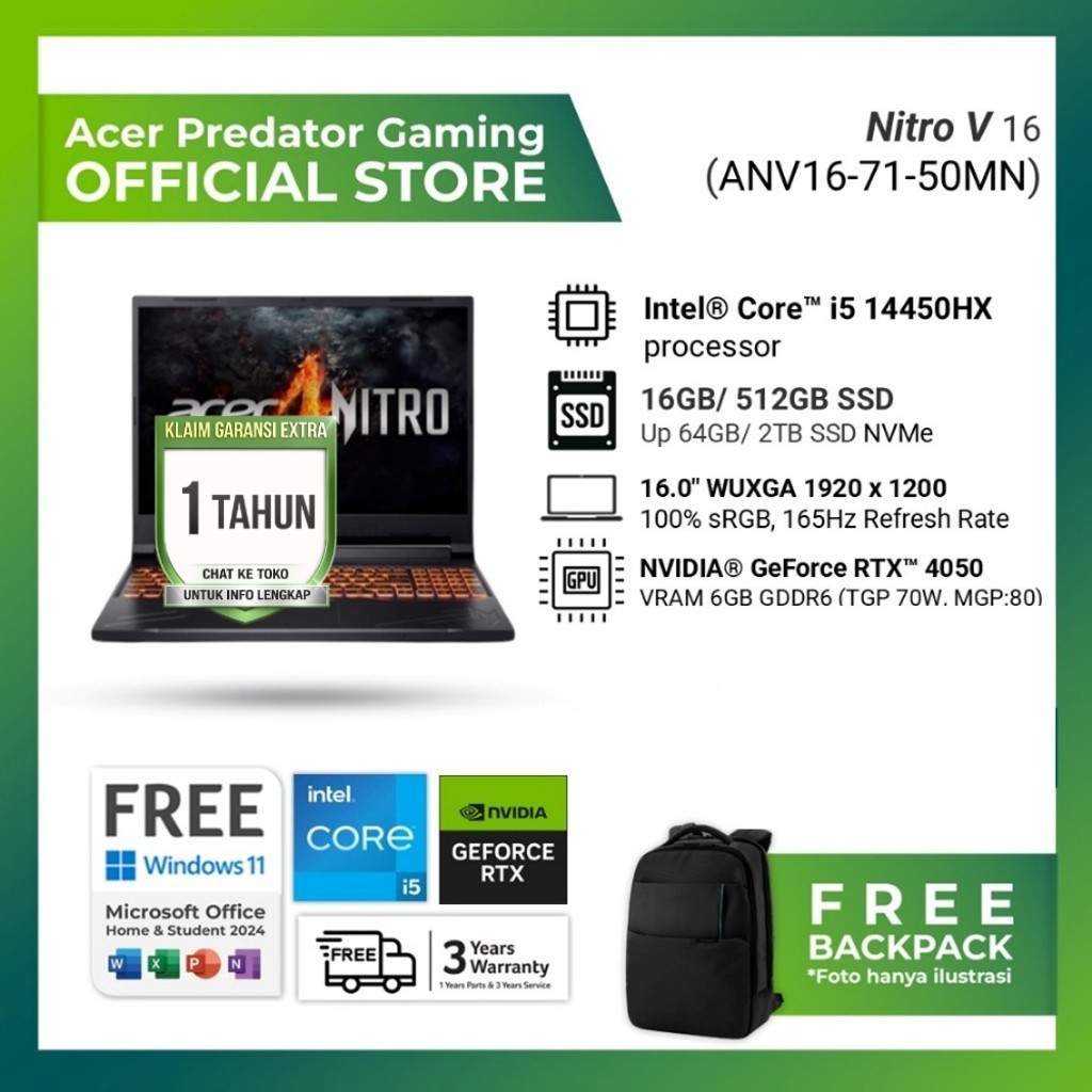 ACER NITRO V 16 I5 14450HX RTX4050 6GB - 16GB 512GB W11+OHS 16.0WUXGA 165HZ BLK - 71.50MN