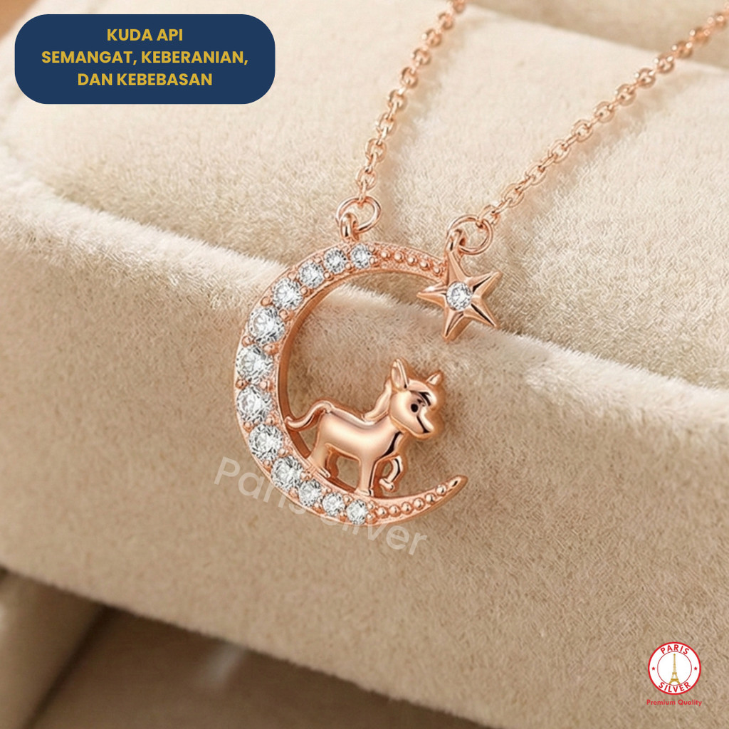 Kalung Perak Asli 925 Wanita Liontin Shio Kuda Api Silver Lapis Emas Rosegold Anti Karat