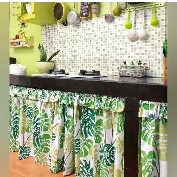 Ayumi Shop - Gorden Korden Kolong Dapur Motif Monstera tirai horden kolong dapur Shabby minimalis