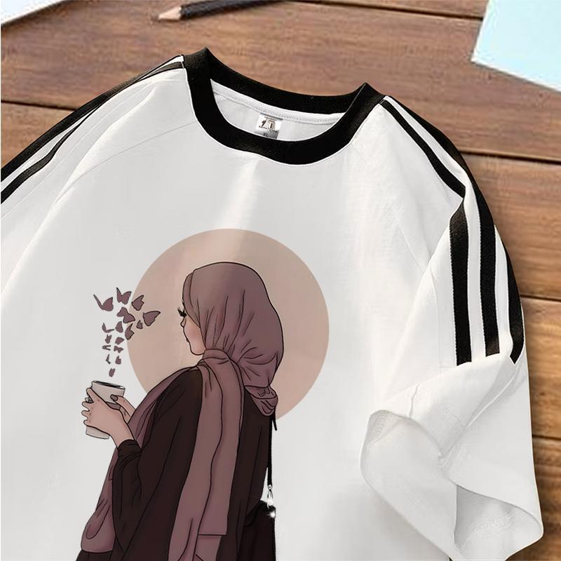 Korean Trend | COD Kaos Lengan Pendek Garis Tiga Kaos Printing Sablon Karakter Trendly Wanita Hijabe