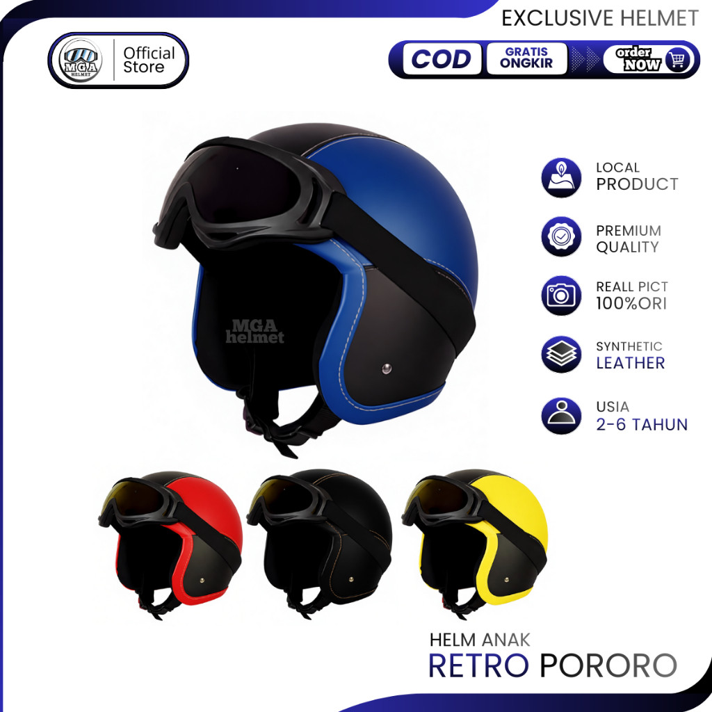 HELM ANAK RETRO USIA 2-6 TAHUN PREMIUM FULL KULIT FREE KACAMATA