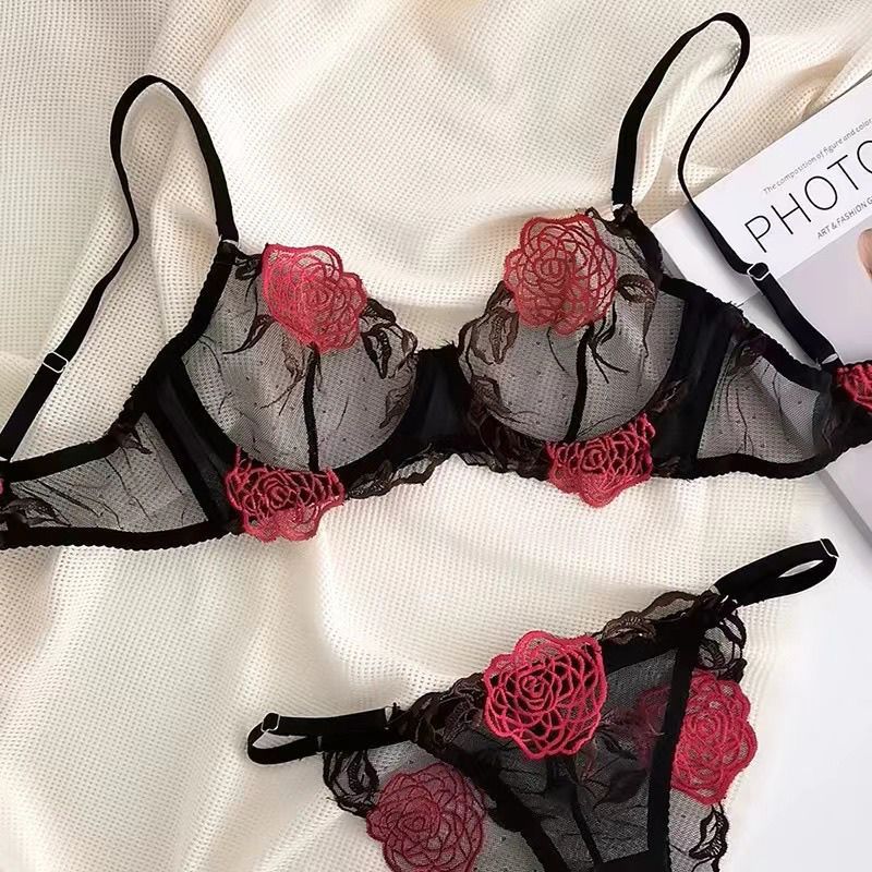 Awan Lembut Set bra push-up jala ultra tipis bordir untuk wanita, tanpa spons.