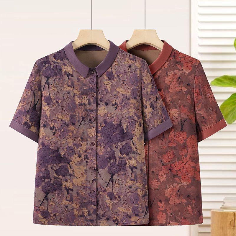 Kemeja Ibu Nenek Musim Panas Lengan Pendek Pakaian Lansia Perempuan Atasan Berkerah Untuk Nenek